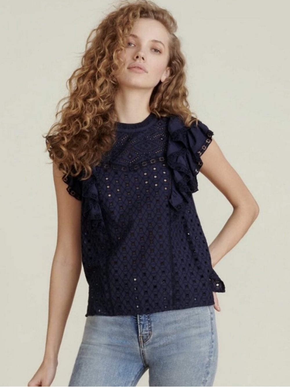 Veronica Beard Jie- Women's Navy Eyelet Ruffle Sleeve Top